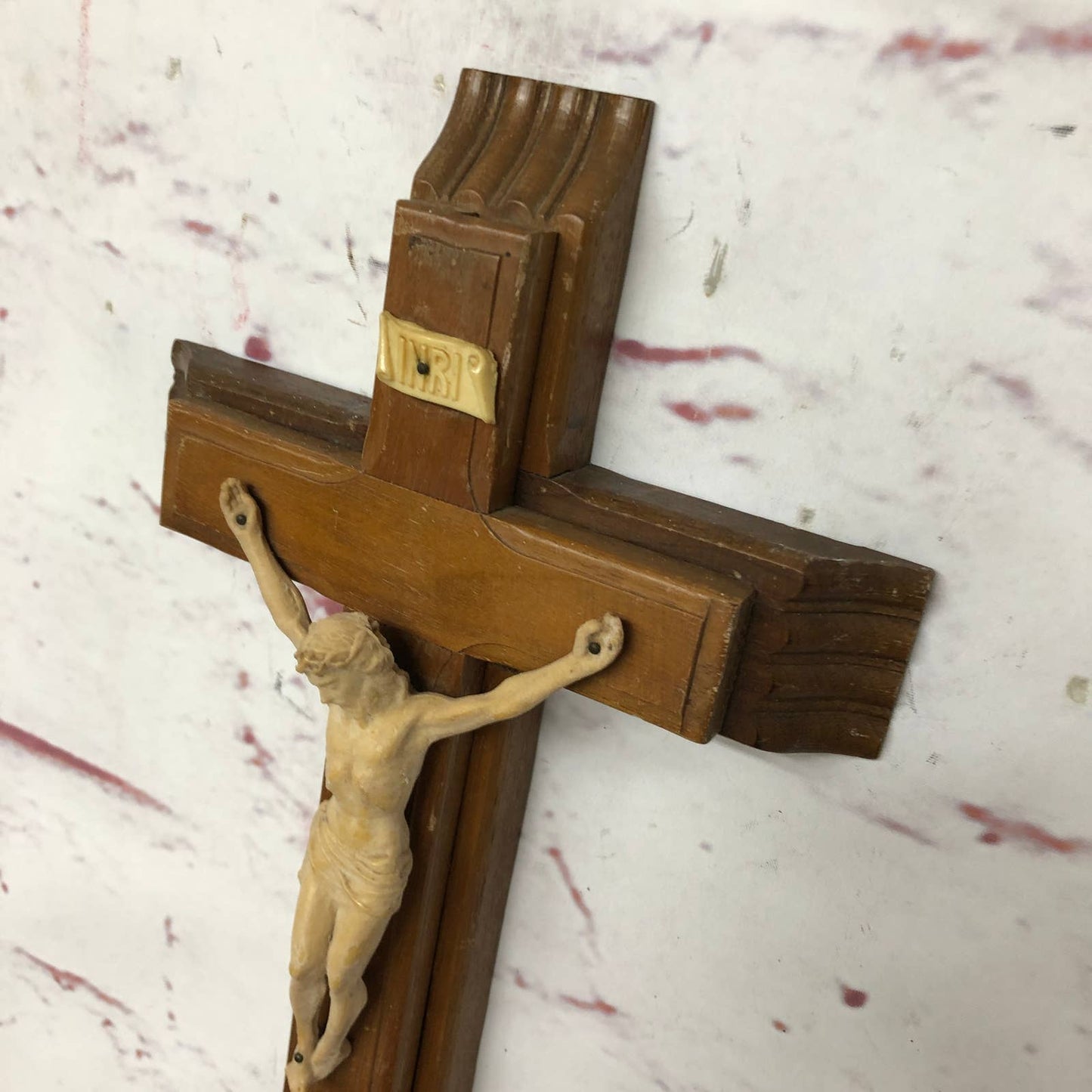 Vintage Last Rites Crucifix Solid Wood Cross with Resin Jesus 13"x8"x2" TG4