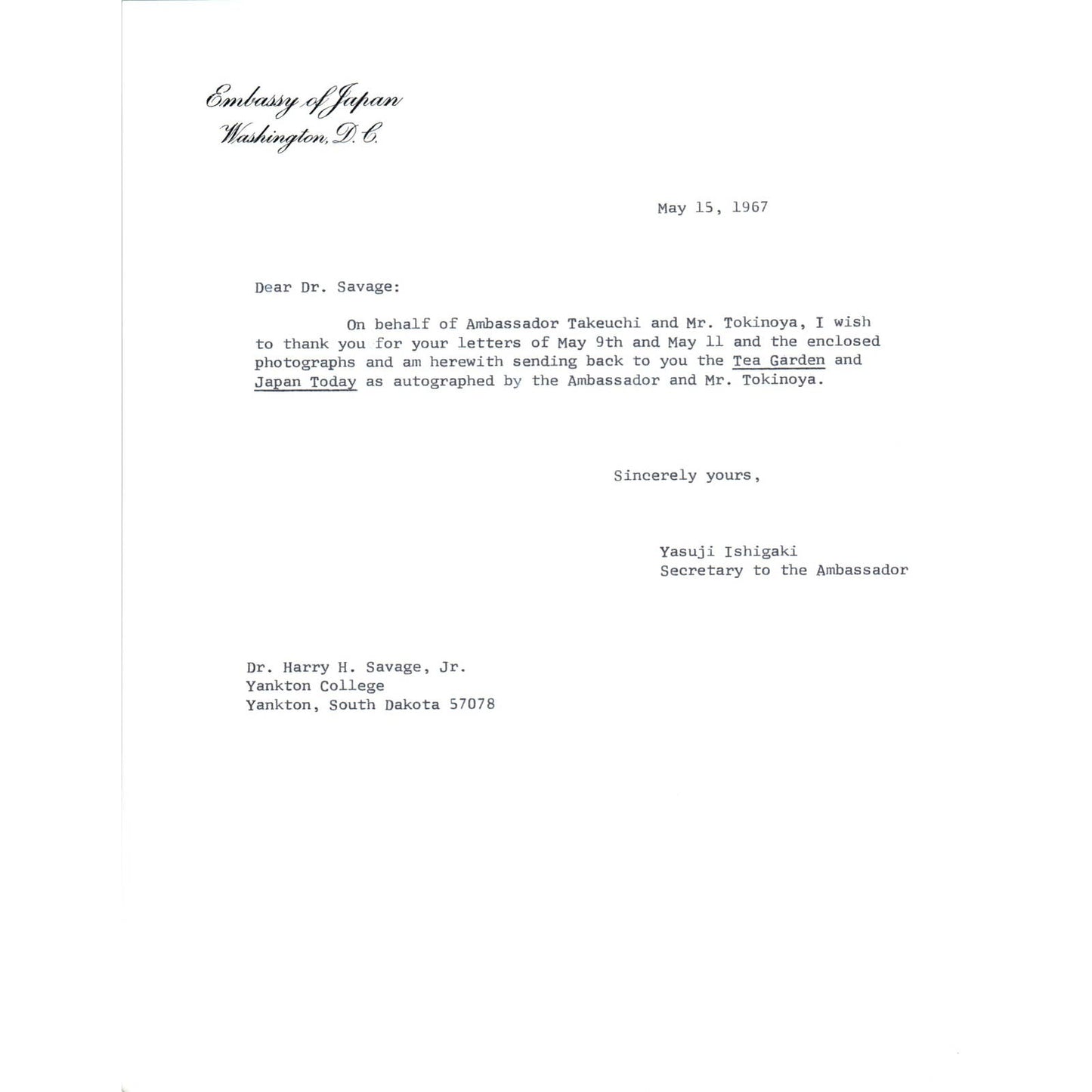 Embassy of Japan Letterhead Memo Yasuji Ishigaki 5/15/67 TK1-P9