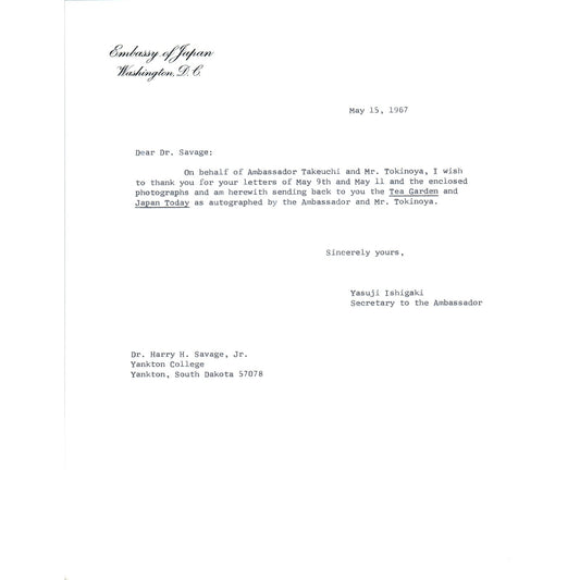 Embassy of Japan Letterhead Memo Yasuji Ishigaki 5/15/67 B14