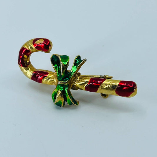 Vintage Gerry’s Enamel Christmas Candy Cane Bow Pin Brooch Gold Tone SB2