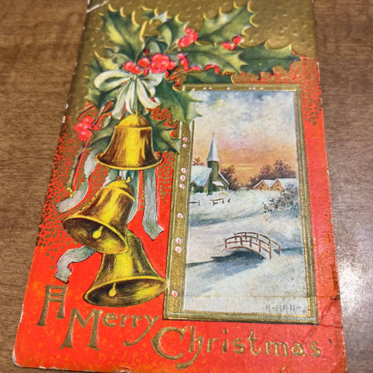 c1910 Embossed Gold Bells Holly Country Church A Merry Christmas Postcard PA2
