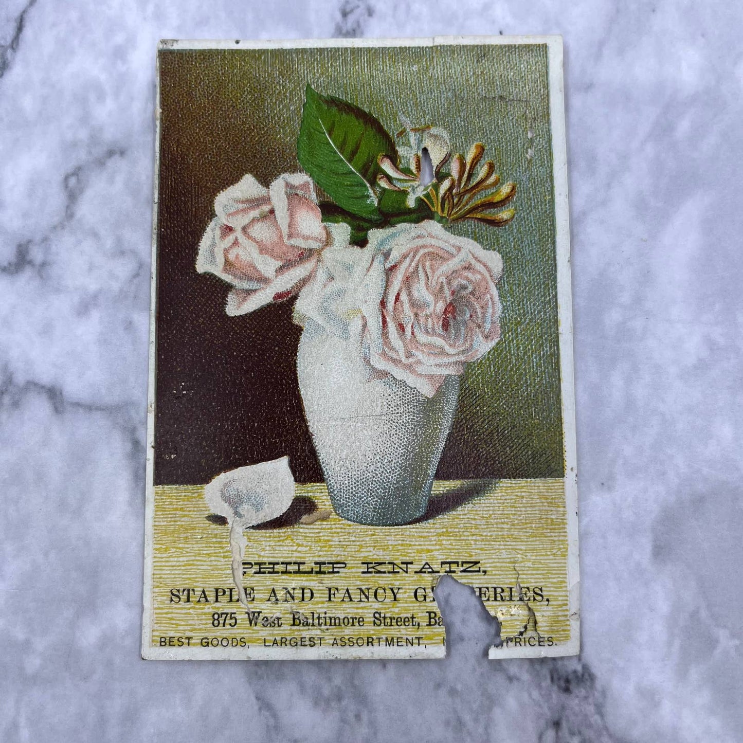 1880s Victorian Trade Card Philip Knatz Fancy Groceries Baltimore MD EA4