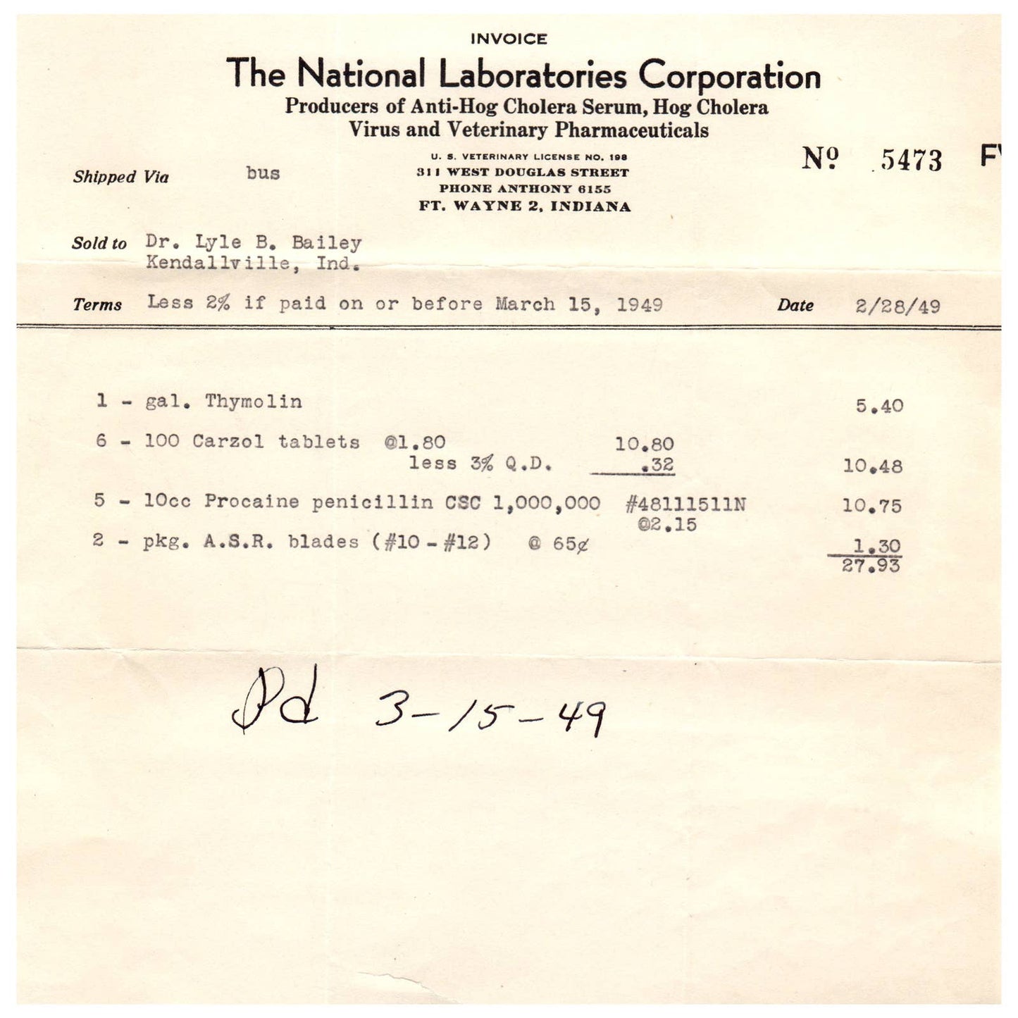 1949 The National Laboratories Corp Bill to Dr L.B. Bailey Kendallville IN AD8-3