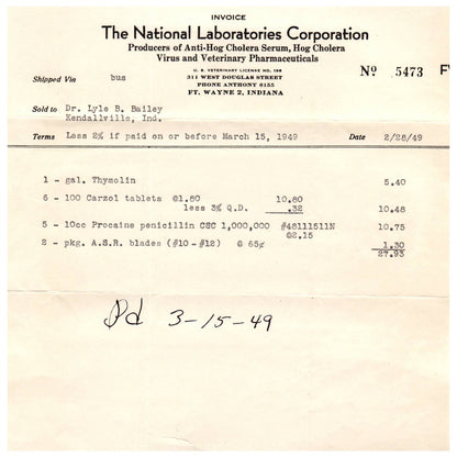 1949 The National Laboratories Corp Bill to Dr L.B. Bailey Kendallville IN AD8-3