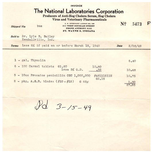 1949 The National Laboratories Corp Bill to Dr L.B. Bailey Kendallville IN AD8-3