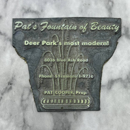 Vintage Printers Block Plate Pat Cooper's Fountain of Beauty Deer Park TJ55