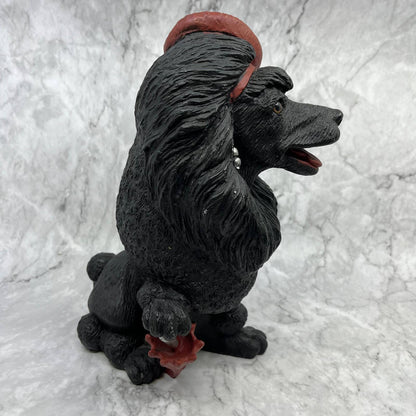 Vintage LARGE Black Poodle Statue With Red Beret and Earrings Cast Resin 11" TJ2