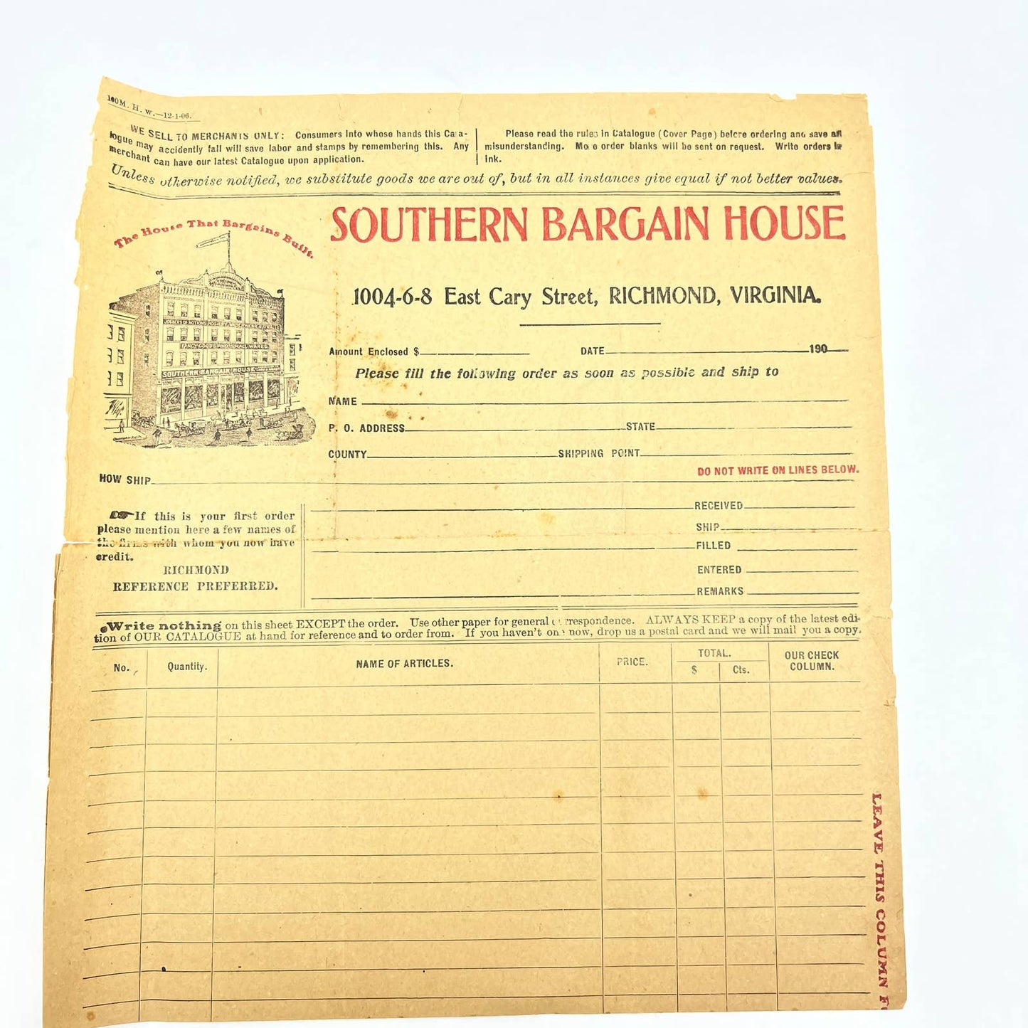 1900 Southern Bargain House Letterhead Billhead Receipt Richmond VA AB9