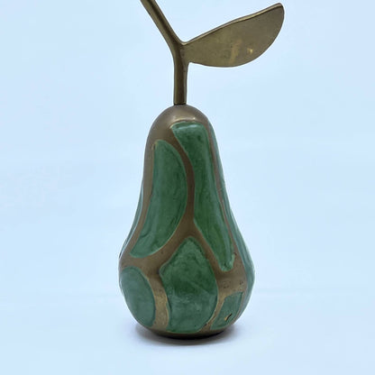 Vintage Brass Pear Figurine Brass W/ Green Enamel Mid Century Figurine 5” TF5