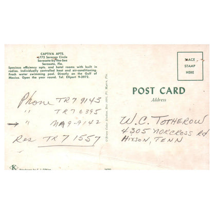 Vintage Postcard - Captiva Hotel Sarasota Florida AD9