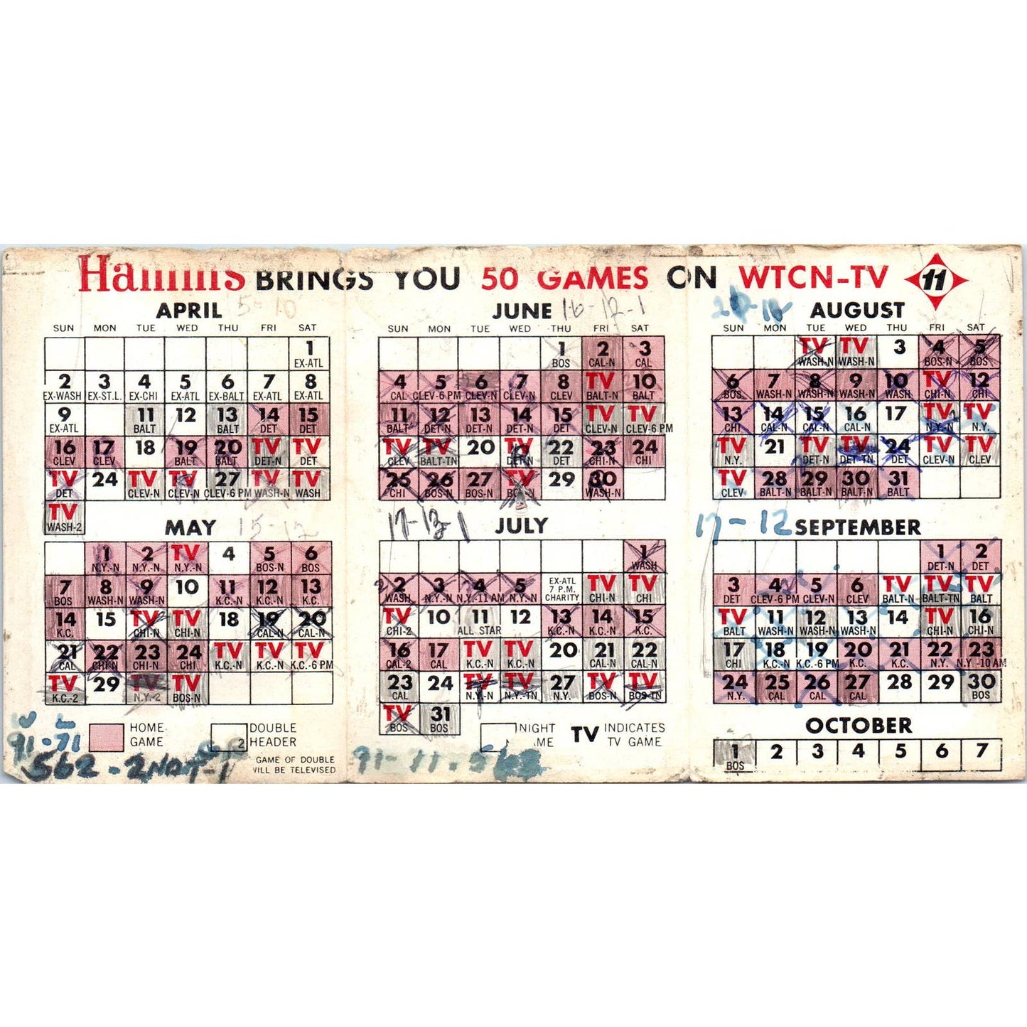 1967 Minnesota Twins Baseball Hamms Pocket TV Schedule TK1-P3