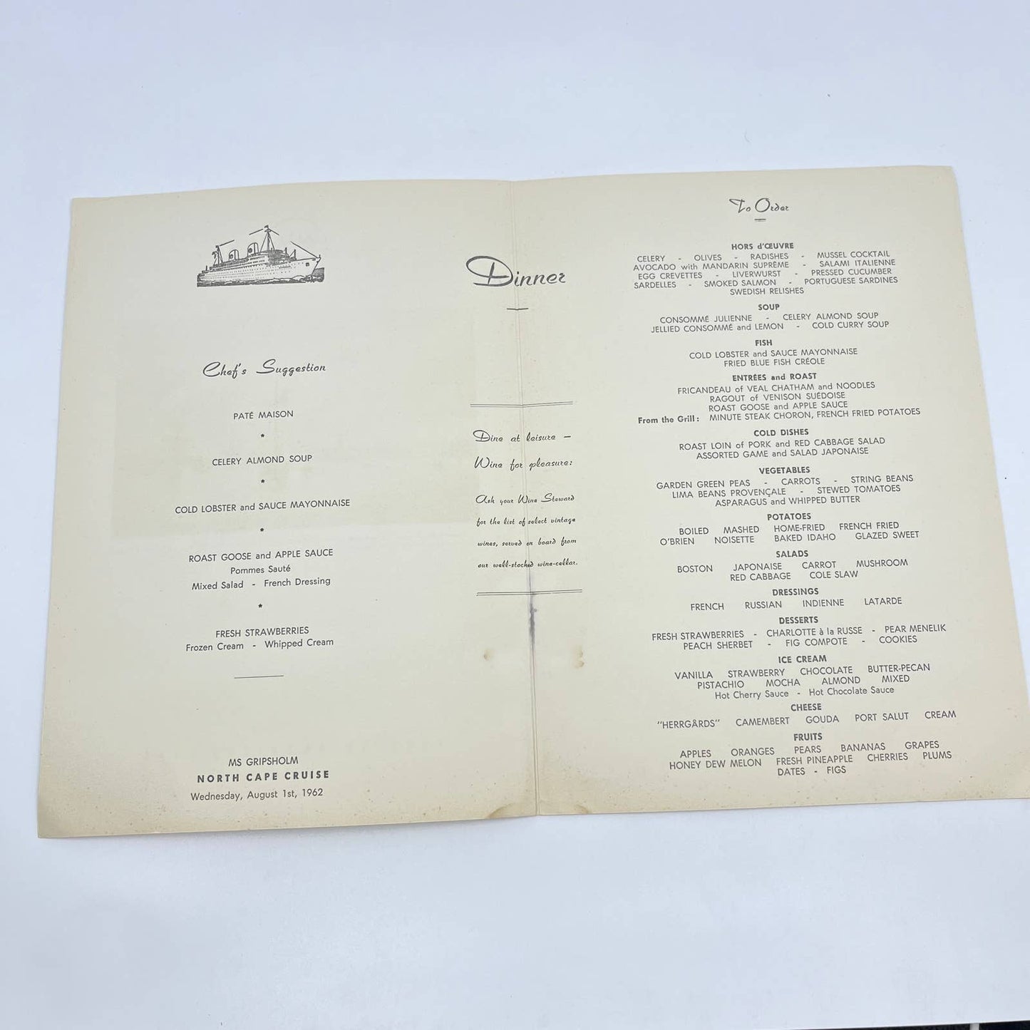 1962 Swedish American Line RS Grisholm Dinner Menu North Cape Cruise Ship AB3