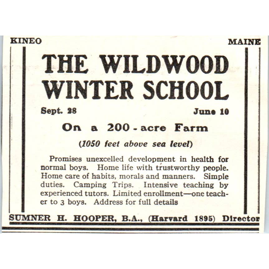c1920 Harper's Ad - The Wildwood Winter School Kineo ME Sumner H Hooper EA3-1