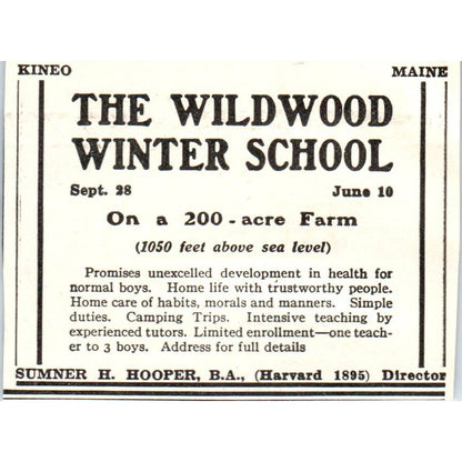 c1920 Harper's Ad - The Wildwood Winter School Kineo ME Sumner H Hooper EA3-1