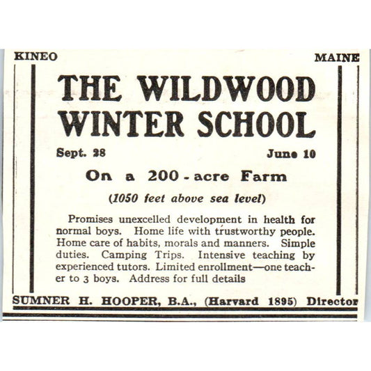c1920 Harper's Ad - The Wildwood Winter School Kineo ME Sumner H Hooper EA3-1