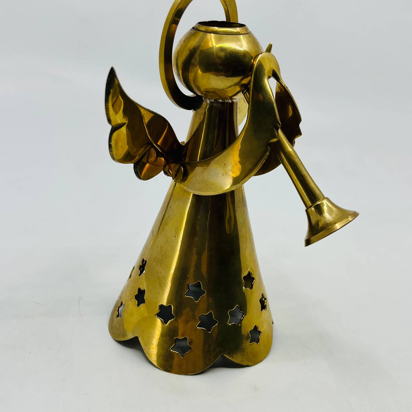 1980s Solid Brass Angel Candle Holder Trumpet & Star India TD4