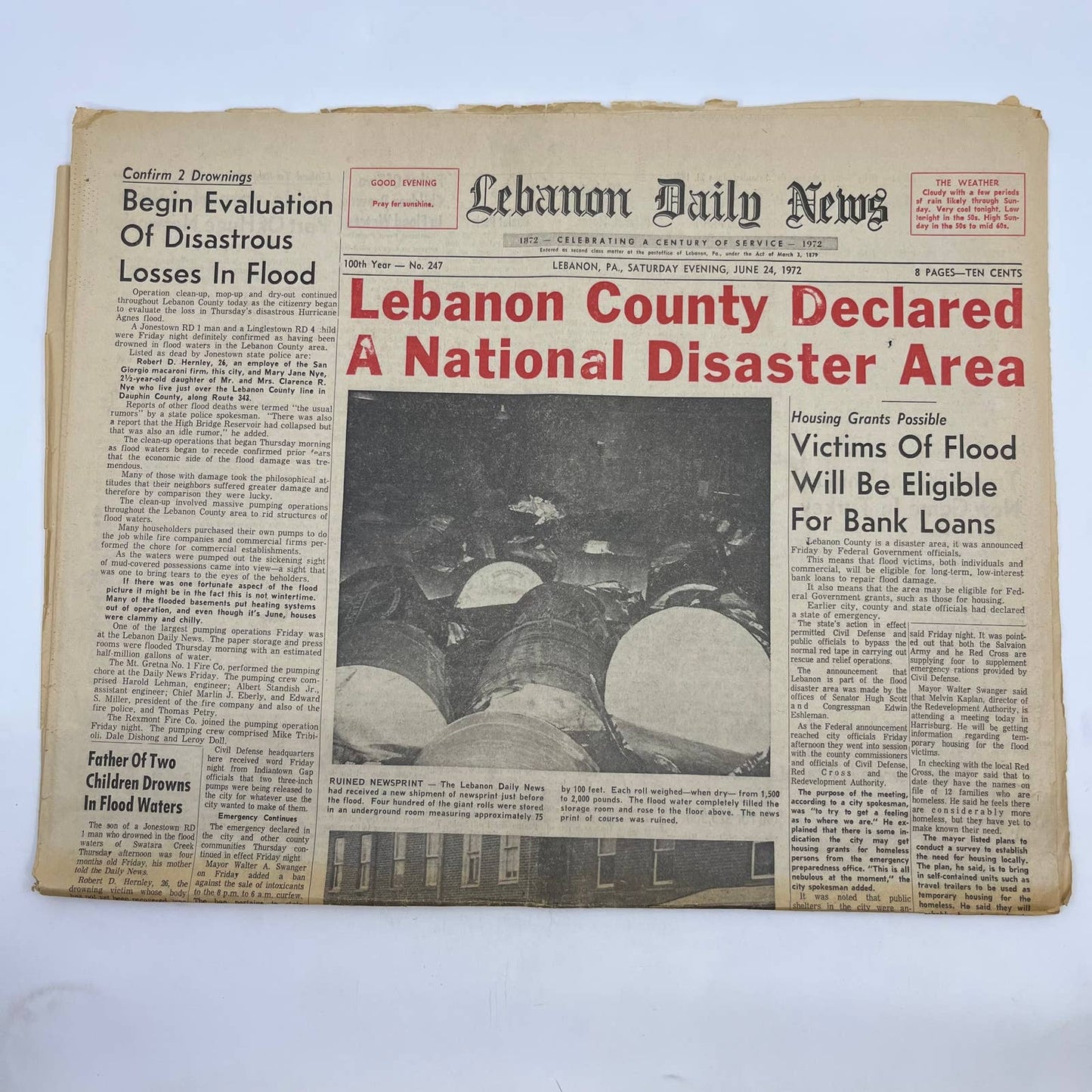 1972 June 24 Lebanon Daily News Hurricane Agnes Lebanon Declared Disaster TH6