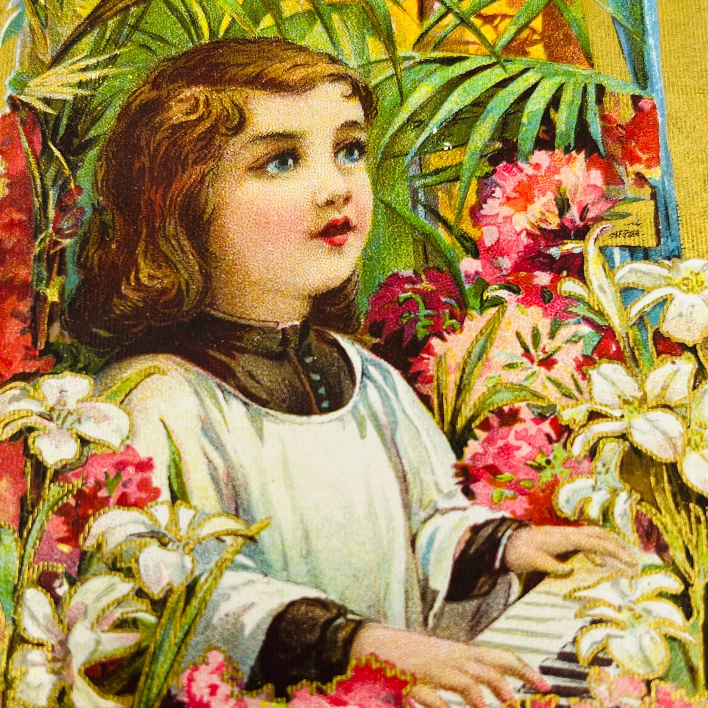 1908 Post Card Dresden Gilt Victorian Girl Playing Piano Flowers PA7