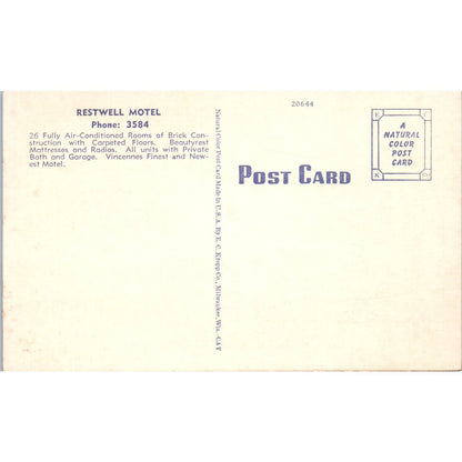 Restwell Motel Vincennes Indiana - Original Postcard TJ9-P1