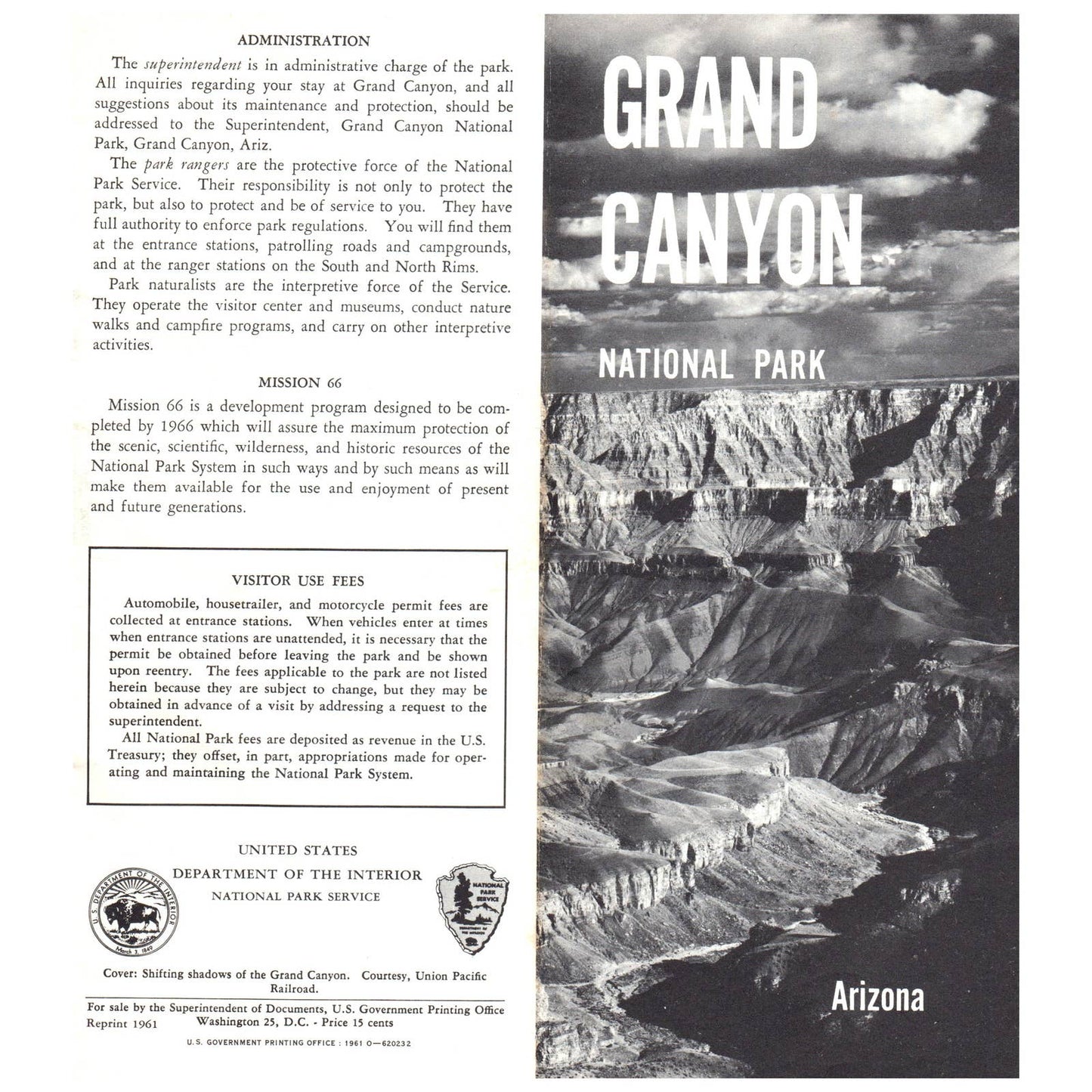 1961 Grand Canyon National Park Arizona Travel Brochure and Map SE4