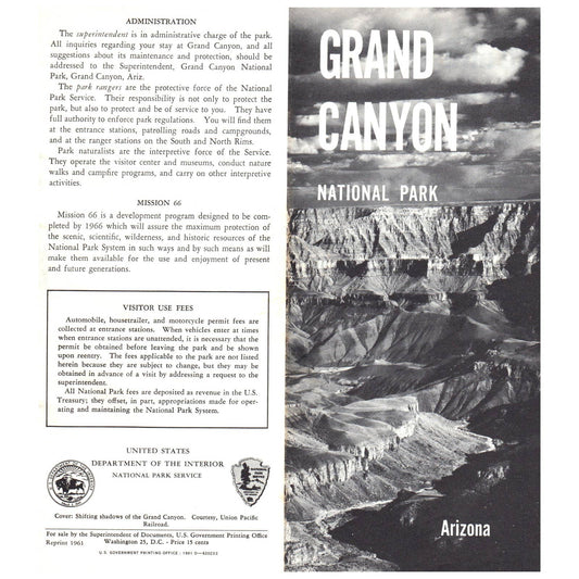 1961 Grand Canyon National Park Arizona Travel Brochure and Map SE4