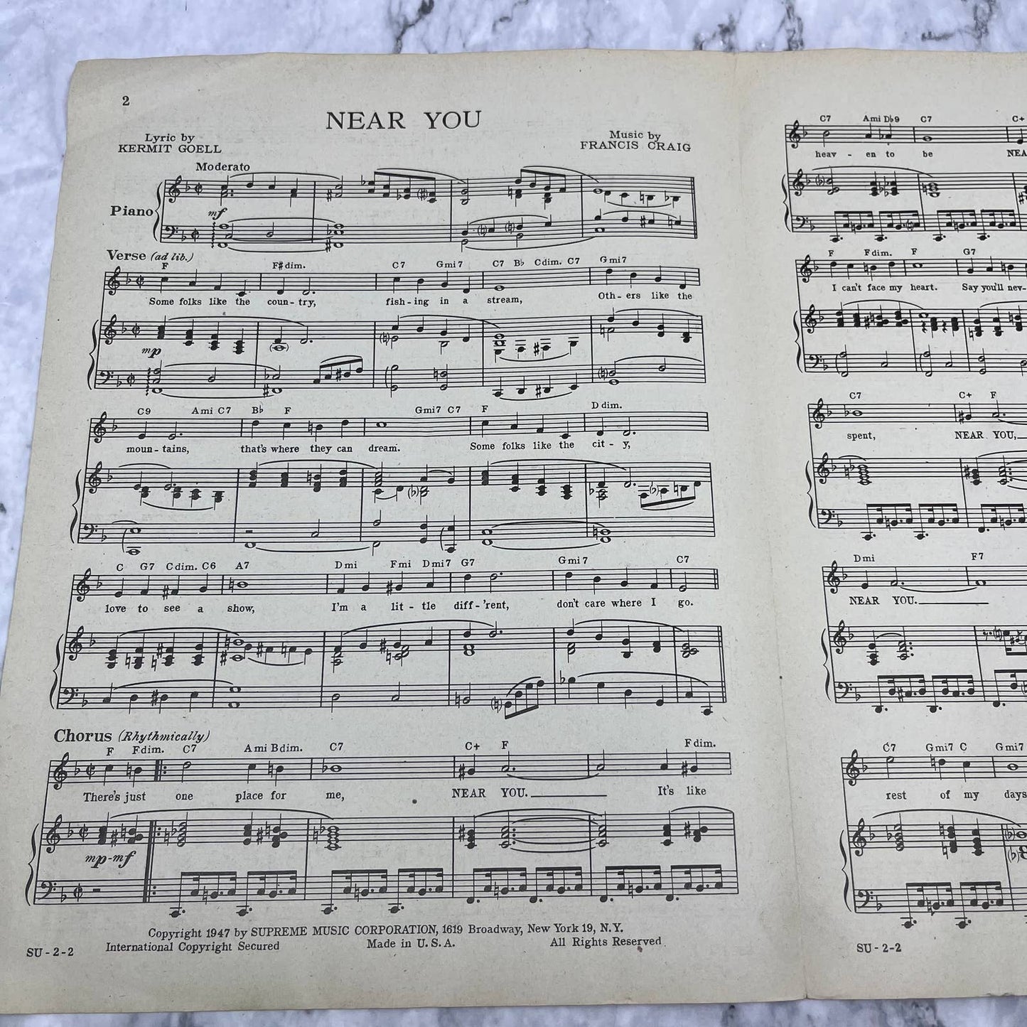 "Near You" 1947, Featured by Francis Craig and His Orchestra, Sheet Music TH1