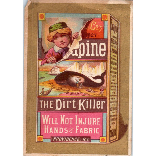 1880s Victorian Trade Card Soapine The Dirt Killer Cleaning Giant Whale SF2