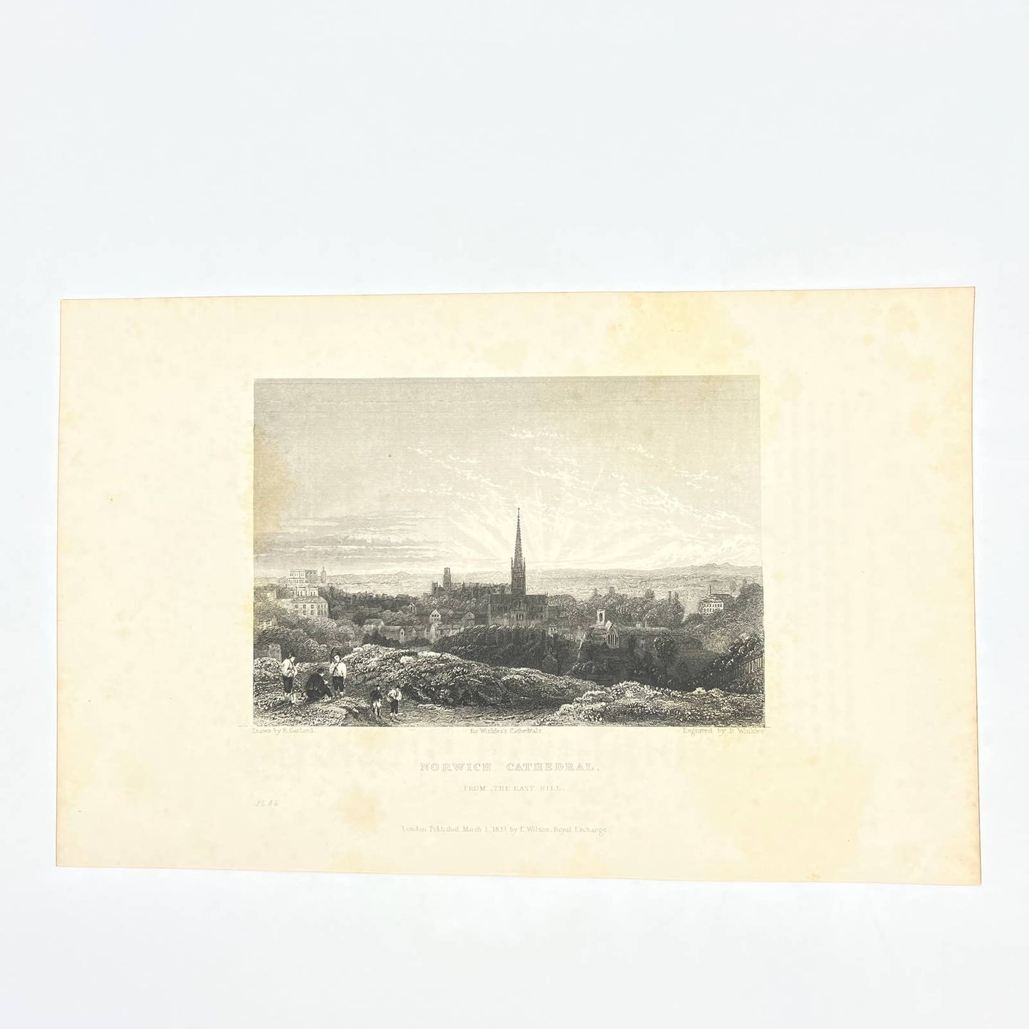 1836 Original Art Engraving Norwich Cathedral View From the East Hill AC4