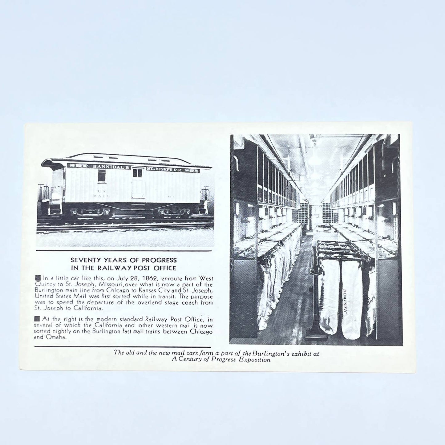1933 Chicago World's Fair Postcard Hannibal & St. Joseph RR Burlington AC1