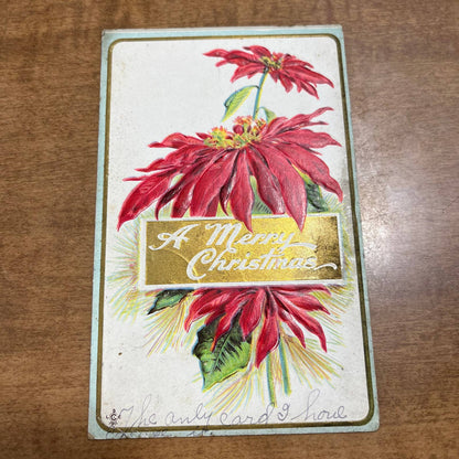 c1910 Red Embossed Poinsettia Christmas Greetings Postcard LSC 228 A PA2