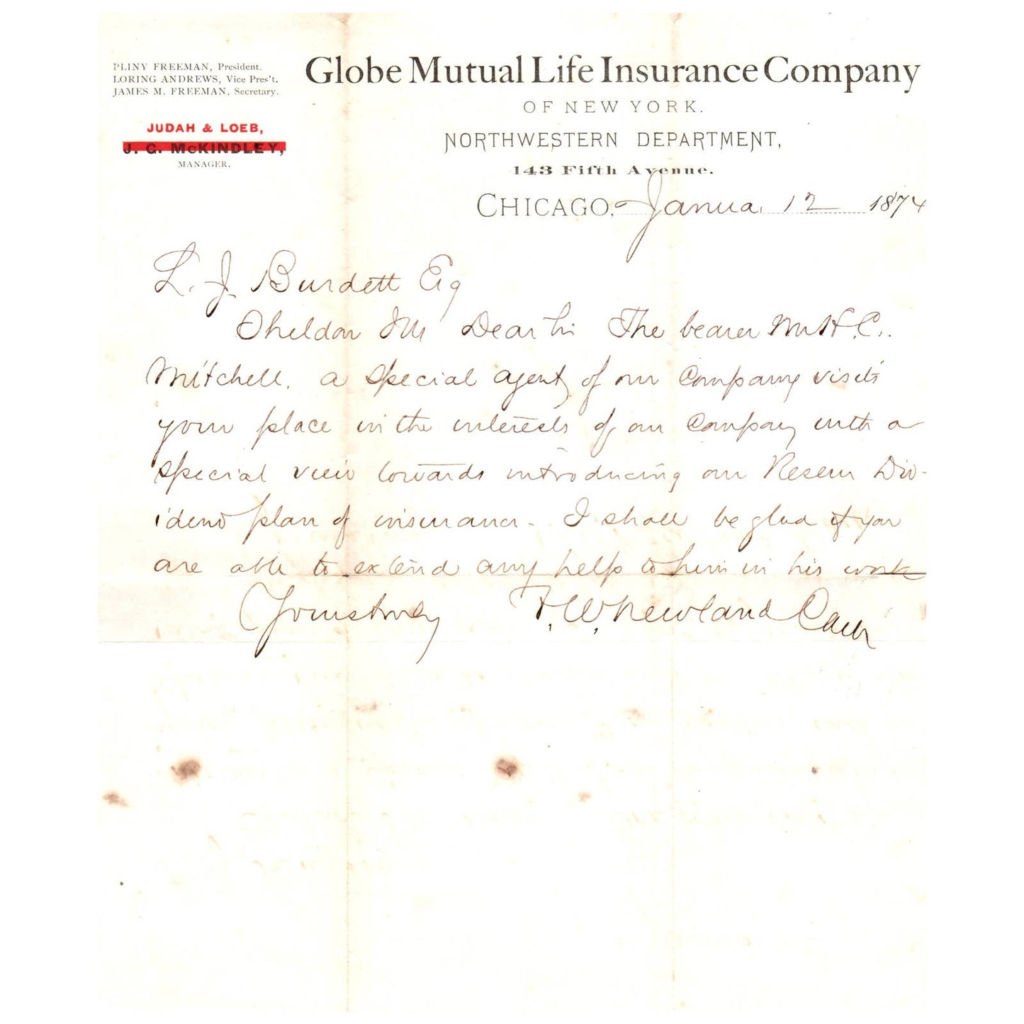 1874 Globe Mutual Life Insurance of NY Letterhead Chicago Judah & Loeb AD1