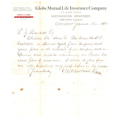 1874 Globe Mutual Life Insurance of NY Letterhead Chicago Judah & Loeb AD1