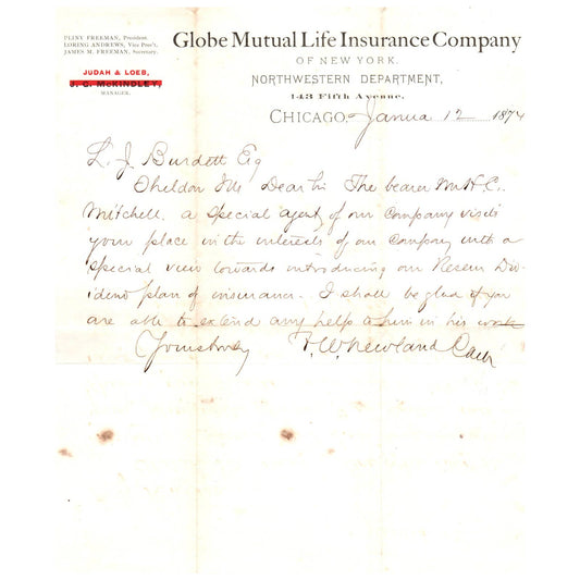 1874 Globe Mutual Life Insurance of NY Letterhead Chicago Judah & Loeb AD1