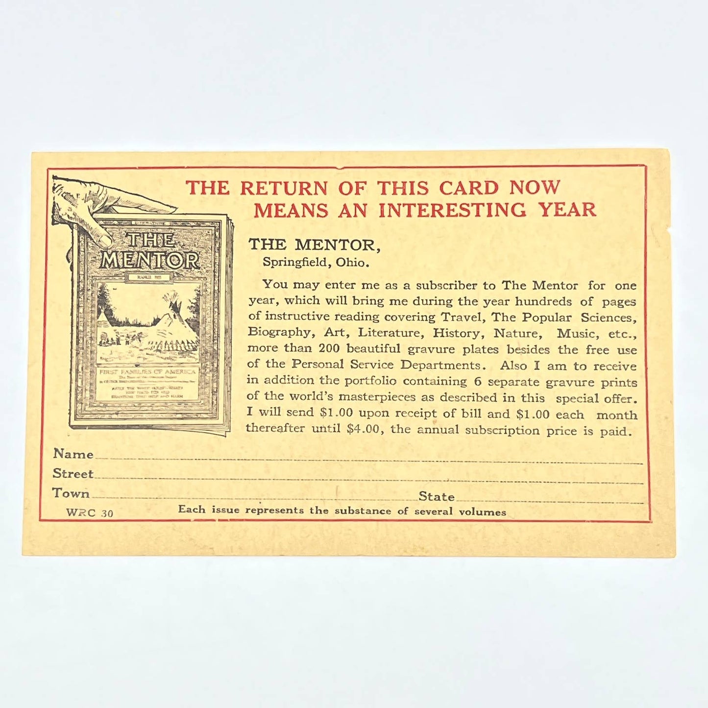 1921 Postcard Subscription Forms The Mentor Magazine Springfield OH AC2