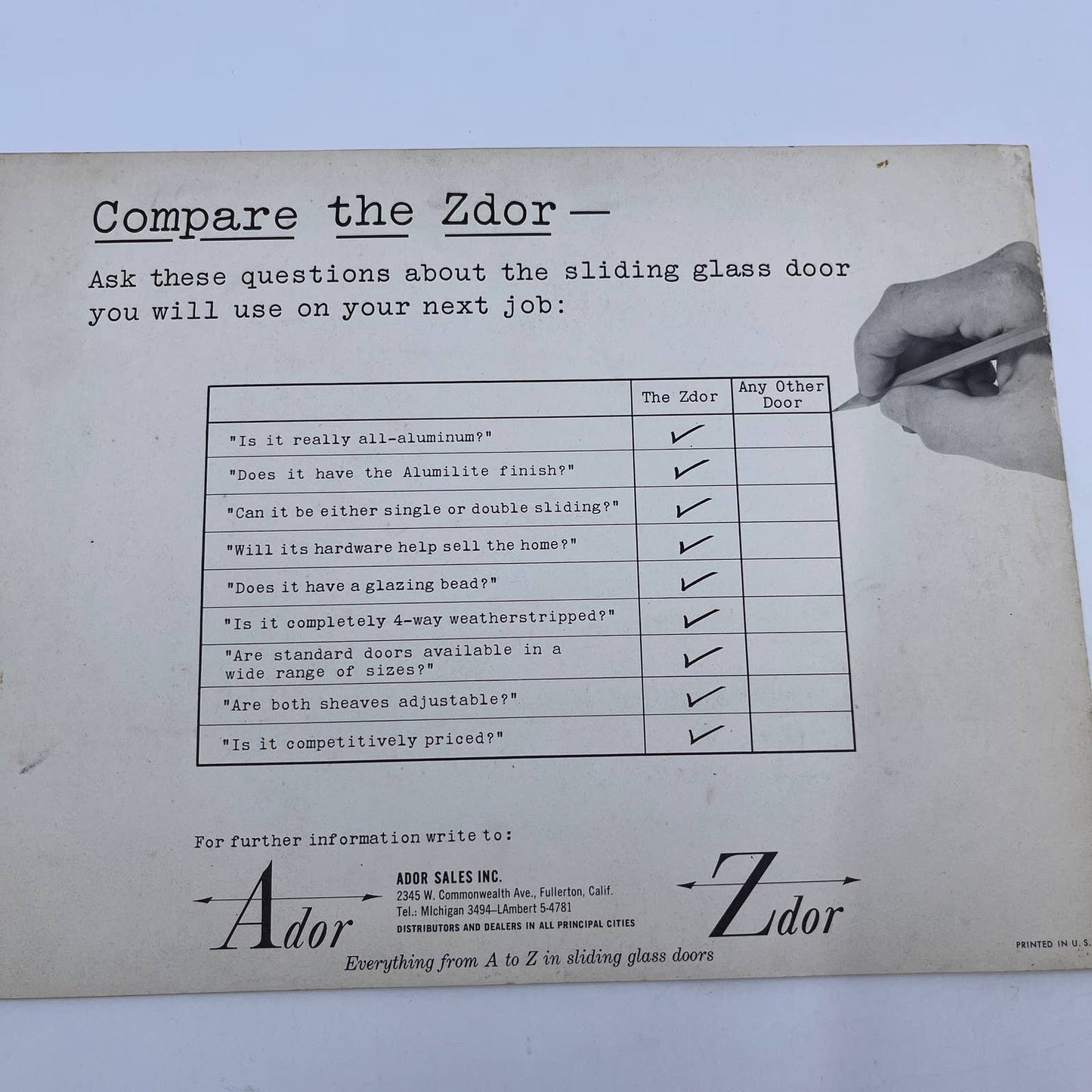 1950s MCM Ador Sales Zdor Sliding Glass Doors Advertising Booklet Brochure TH7