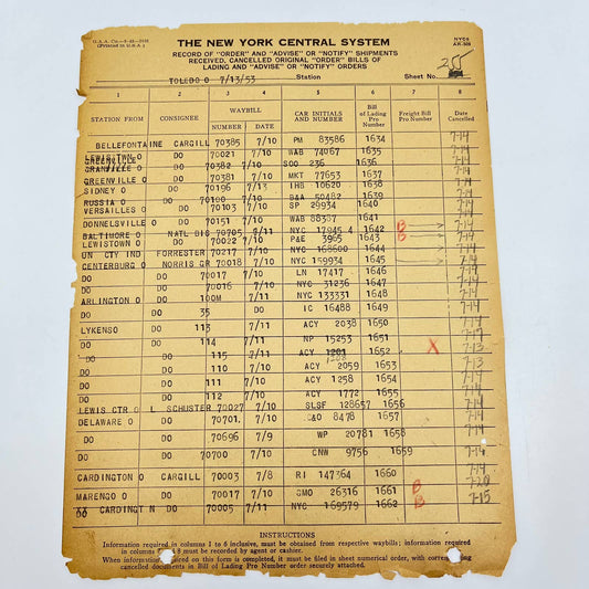 1953 The New York Central Railroad Co RR Original Record of Shipments AB1