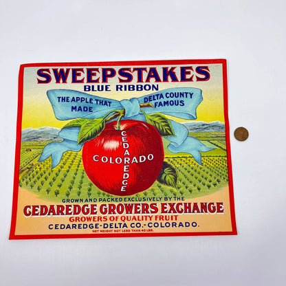 SWEEPSTAKES Cedaredge Delta Colorado Red Original Apple Crate Label FL3