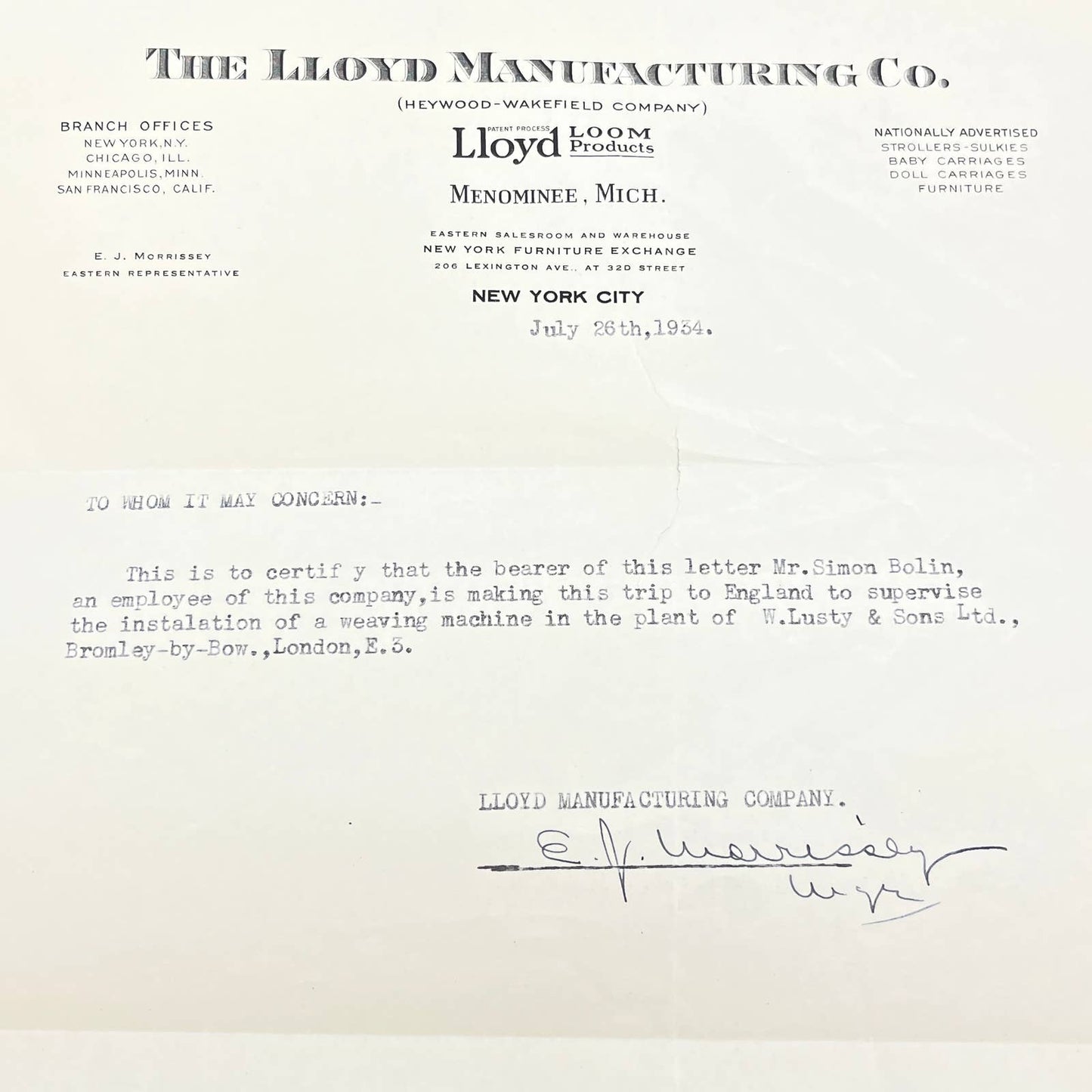 1934 Heywood Wakefield The Lloyd Manufacturing Co Letterhead Memo AB7