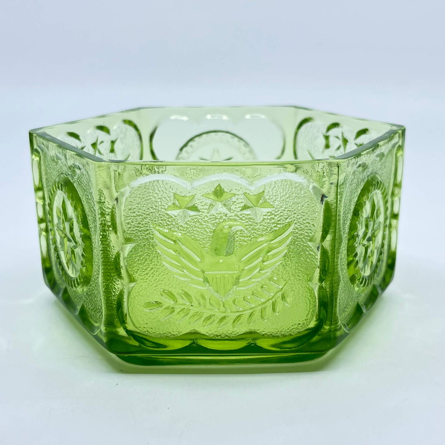 Vintage Green Hexagon Colony Indiana Glass Candy Dish With Eagles & Stars 5” TF5