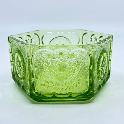 Vintage Green Hexagon Colony Indiana Glass Candy Dish With Eagles & Stars 5” TF5