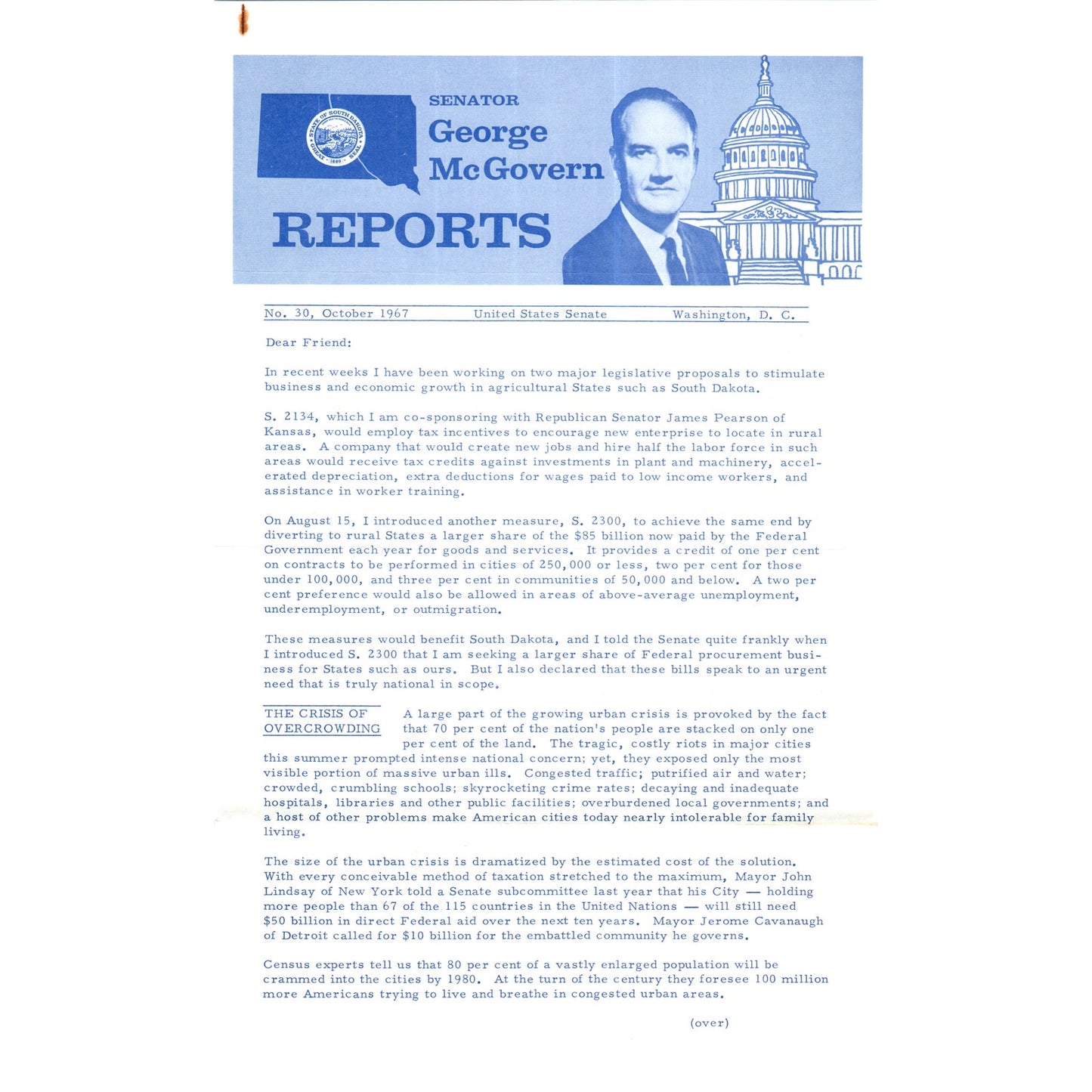 Senator George McGovern Reports Newsletter Oct 1967 Original B16