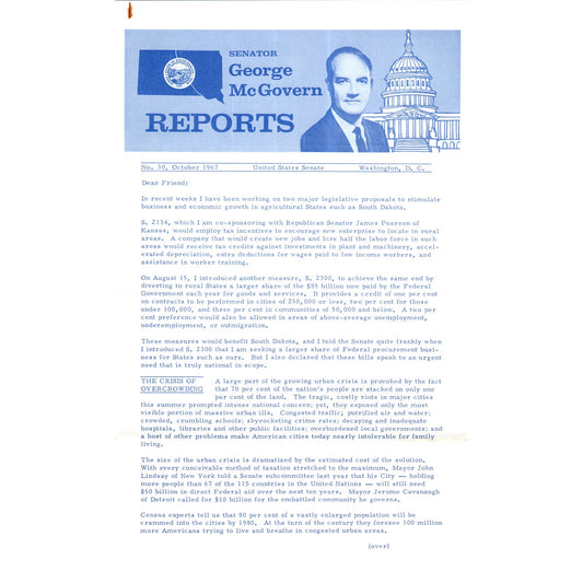 Senator George McGovern Reports Newsletter Oct 1967 Original B16