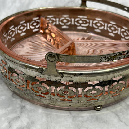 Vintage Pink Depression Glass Dish 3 Part Divided Starburst Silver Caddy 7” TB6