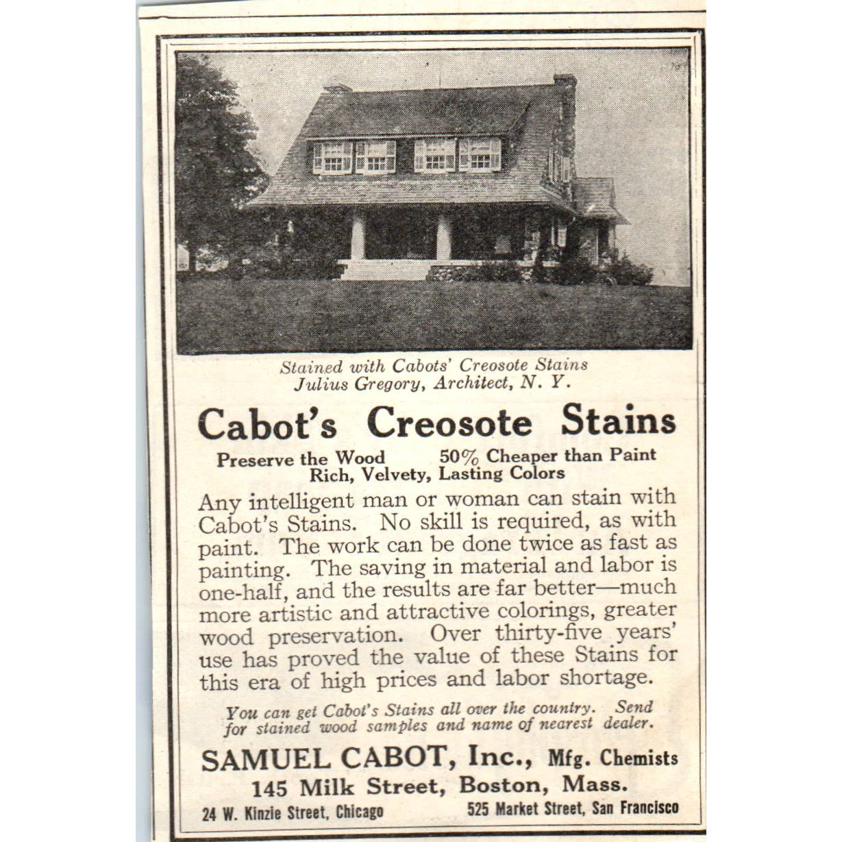 c1920 Harper's Magazine Ad - Cabot's Creosote Stains Samuel Cabot Boston EA3-4