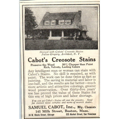 c1920 Harper's Magazine Ad - Cabot's Creosote Stains Samuel Cabot Boston EA3-4