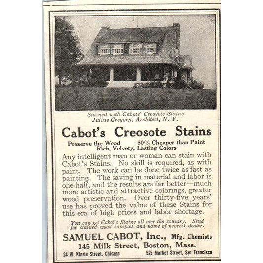 c1920 Harper's Magazine Ad - Cabot's Creosote Stains Samuel Cabot Boston EA3-4