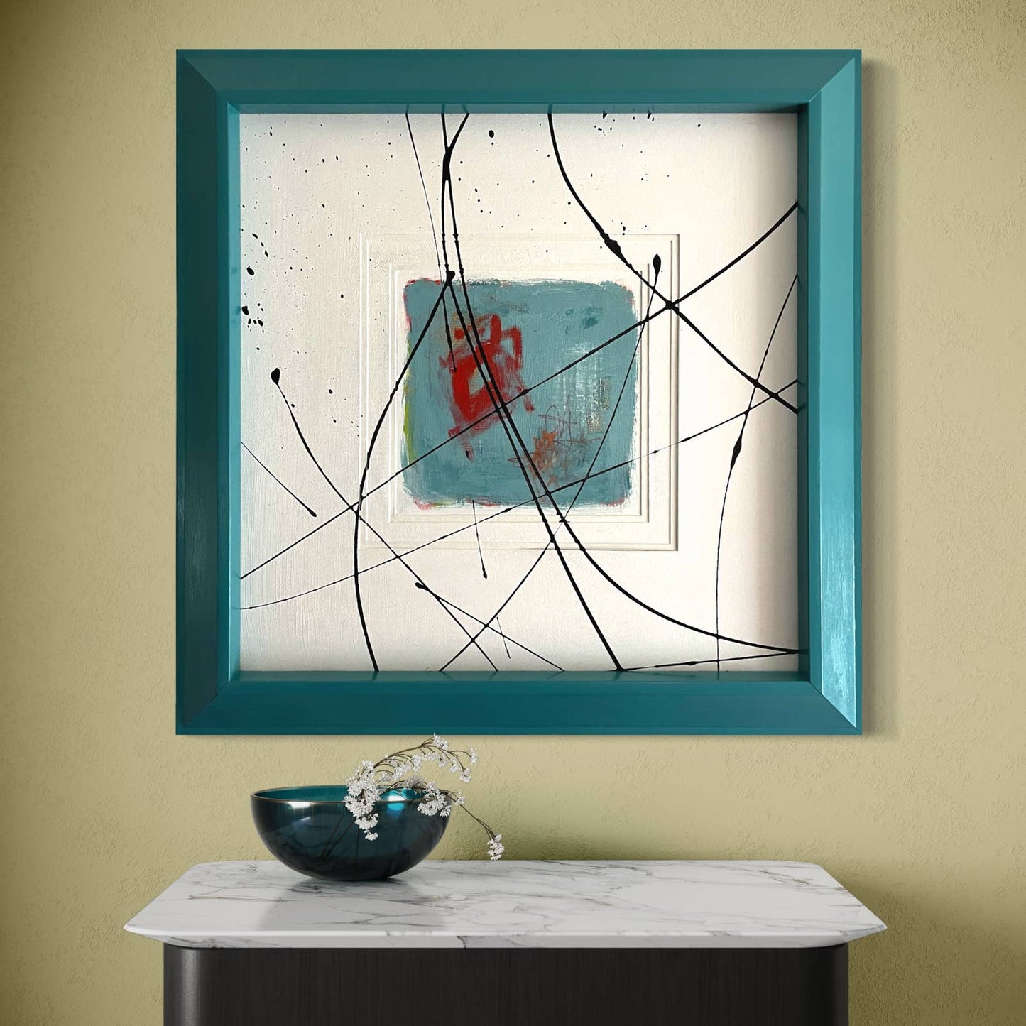 Original Large Framed Abstract Art Painting 29x29" “Beg, Borrow and Teal” w/ COA