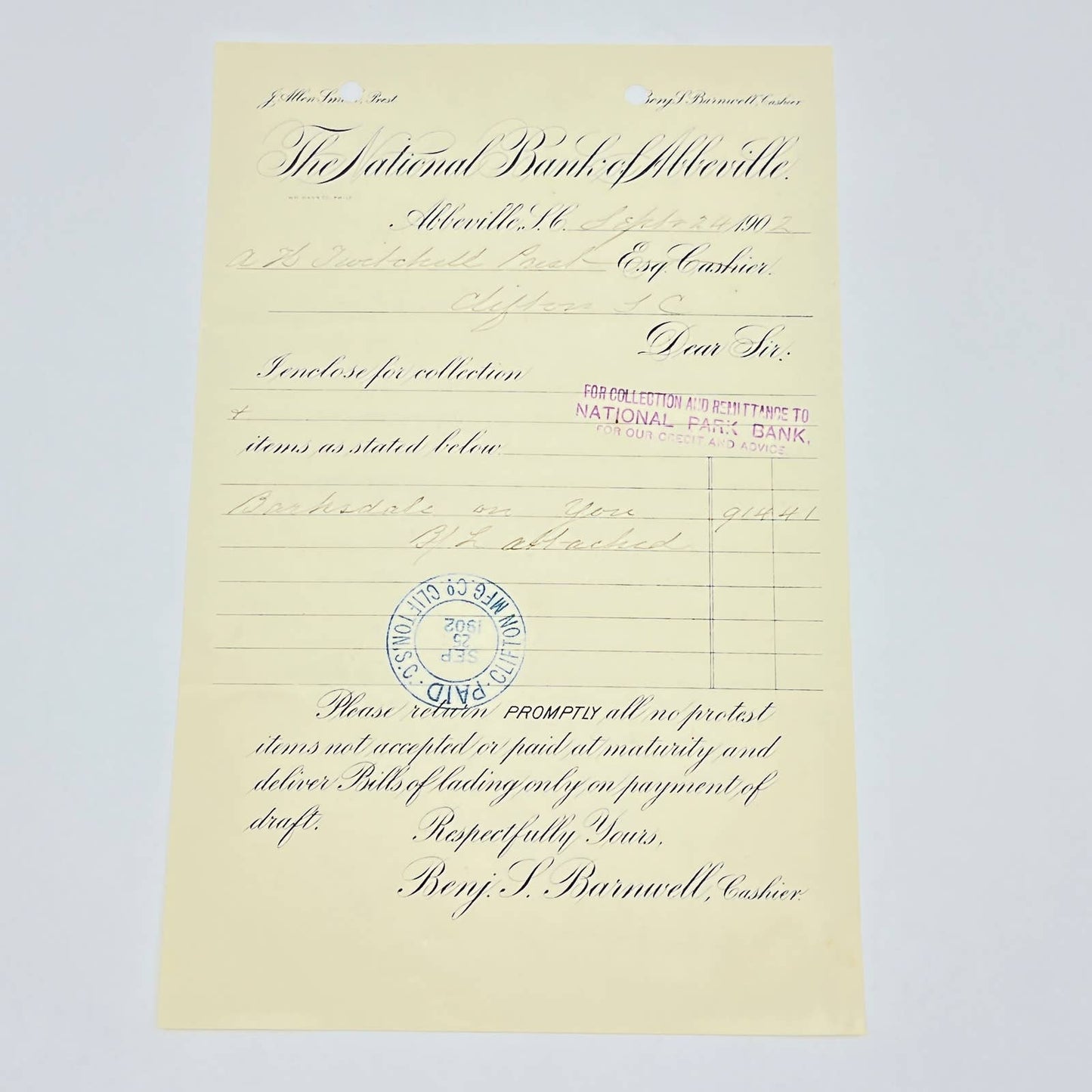 1902 The National Bank of Abbeville Letterhead Clifton MFG Stamp Abbeville AB9