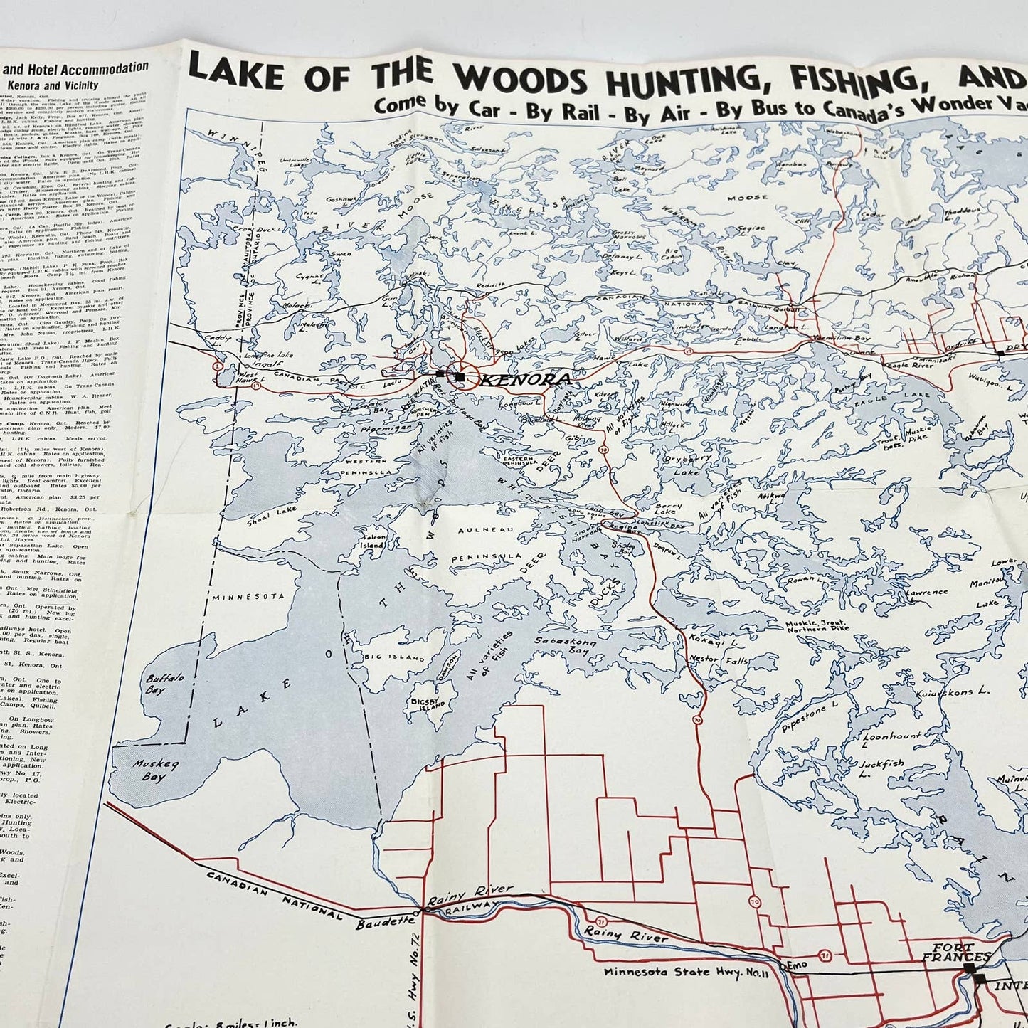 1940s Lake of the Woods District Road Map Large Fold Out Kenora Ontario SC8