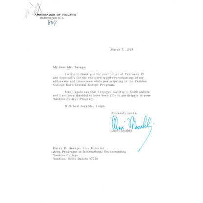 Ambassador of Finland Olavi Munkki Letterhead Memo March 1968 B10